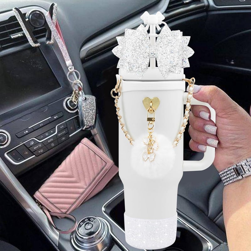 SEMATA Bling Accessories for Stanley Cup 40oz & 30oz Tumbler Including Silicone Cute Bow Straw Topper Cover, Silicone Boot for Stanley Cup,Leather Water Bottle Handle Strap, Charms(Pure White) - Image 5